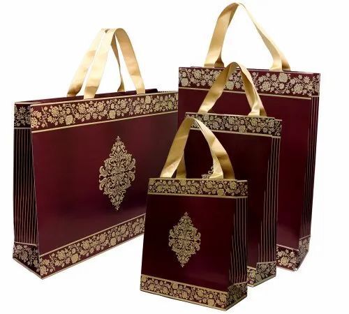 Eco Friendly Burgundy/Red With Golden Embossed Print Paper Bags