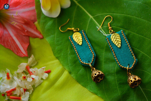Green Handmade Earrings With Golden Leaf And Jhumka