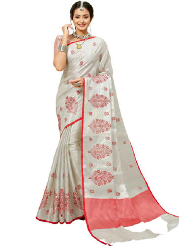 White Party Wear Designer Linen Embroidery Saree With Blouse Piece