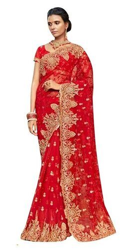 Red Party Wear Designer Soft Net Stone Work Saree With Blouse Piece