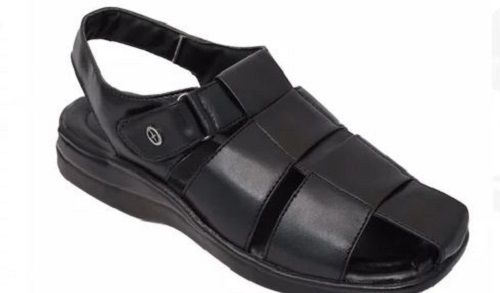 Black Plain Daily Wear Synthetic Leather Sandal For Men'S