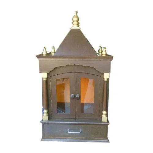 Brown 22X15X30 Inches Wall Mounted Designer Polished Double Door Wooden Temple