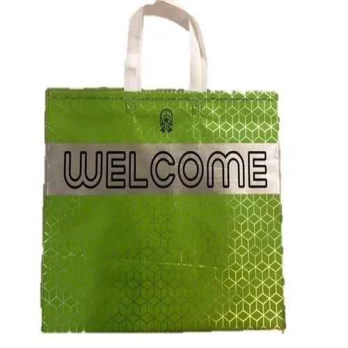 Green Hand Length Handle Square Printed Bopp Bag For Storage Purpose 