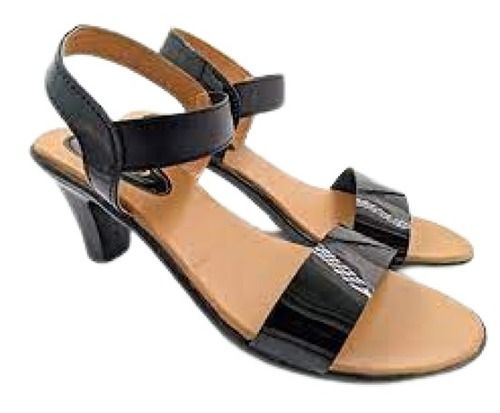 Breathable Ladies Comfortable Mini Heel Black Leather Sandal