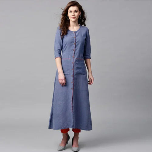 Ladies Round Neck Three-quarter Sleeves A-line Kurtis