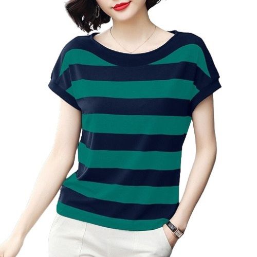 Black With Green Ladies Striped Casual Wear Short Sleeve Cotton Top