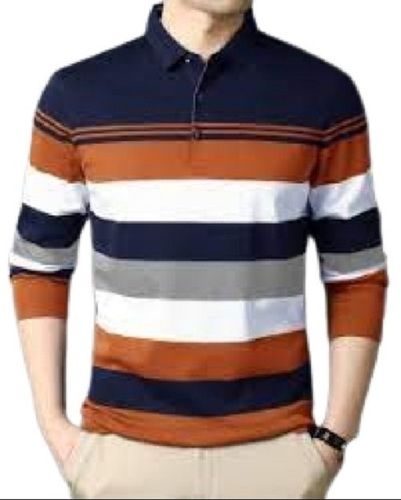 Multi Mens Causal Wear Full Sleeve Striped Polo Cotton T Shirts