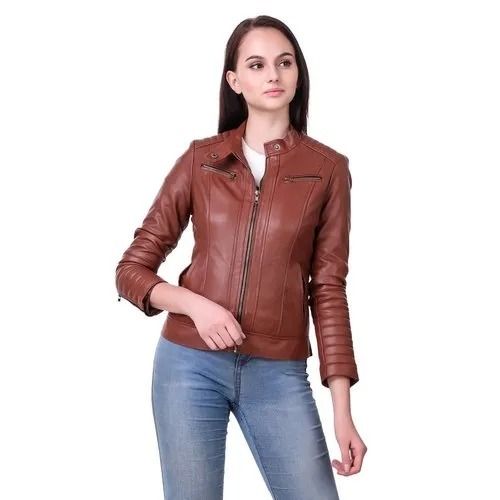 Brown Zipper Closure Full Sleeves Plain Daily Wear Leather Jacket For Ladies