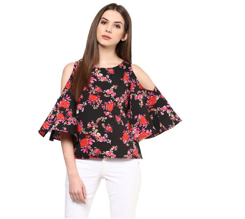 Casual Wear Round Neck Polyester Floral Printed Tops For Womens