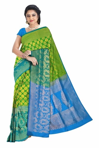 Tree Green and Blue Pure Silk Saree