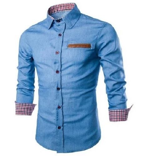 Button Down Collar Full Sleeves Casual Denim Shirt For Men Chest Size: 42 Inch