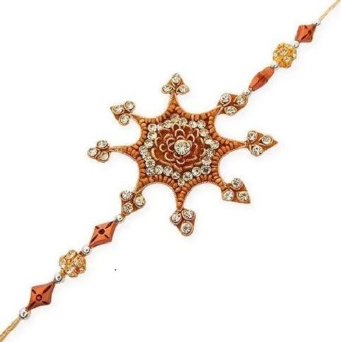 Brown 20 Cm Stone And Cotton Embroidered Zari Rakhi For Raksha Bandhan 