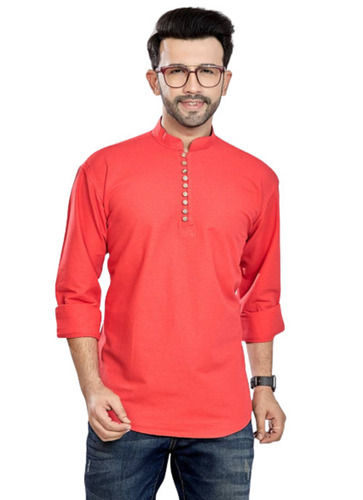 Red Full Sleeve And Plain Dyed Cotton Short Kurta