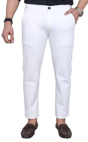 White Light Weight Button And Zipper Closure Slim Fit Plain Cotton Pant For Men 