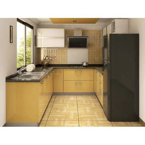 Solid Marble And Teak Wooden U Shaped Modular Kitchen Carpenter Assembly