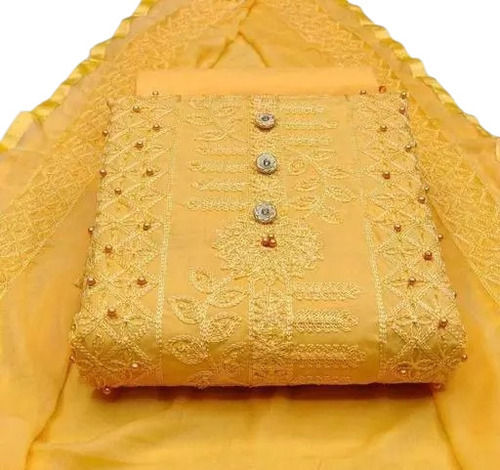 Yellow Washable Unstitched Embroidery Suit With Salwar And Dupatta