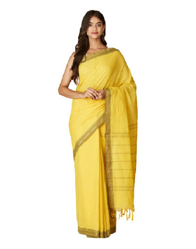 Yellow Patch Work Plain Cotton Saree With Unstitched Blouse Piece