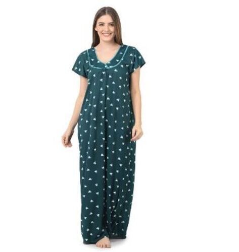 Green And White Short Sleeves Round Neck Printed Polyester Nighty For Women