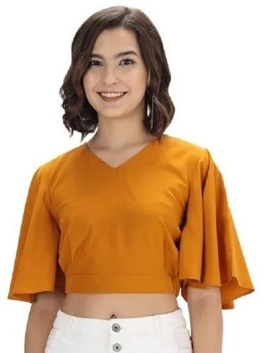 3/4th Sleeves V Neck Plain Dyed Soft Unfadable Cotton Crop Top