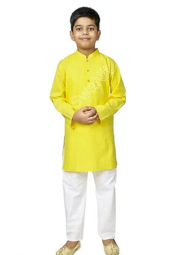 Kids Yellow Cotton Kurta Pyjama Set For 3 To 10 Yrs Age Group