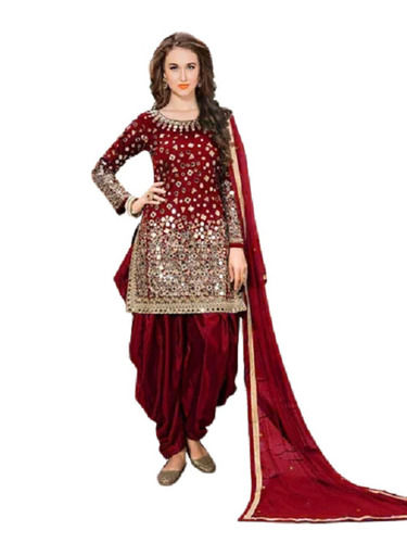 Maroon Mirror Work Soft Satin Party Wear Designer Salwar Suit With Dupatta