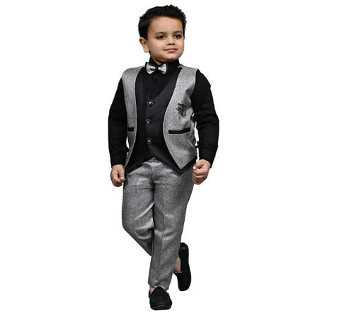 Black And Grey Modern Polyester Kids Party Wear Three Piece Suit Set For Boys