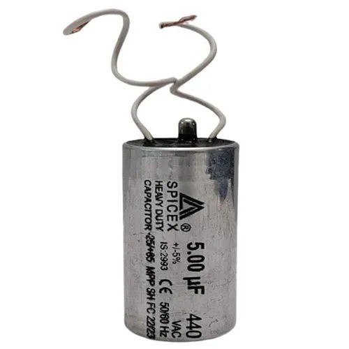 Aluminum Capacitor - 5 Inch, 5 UF, Gray and Black | Electric Power Source, 220 Volt Insulation Voltage, Durable Polished Finish, 50 Celsius Operating Temperature, 2-Terminal Design