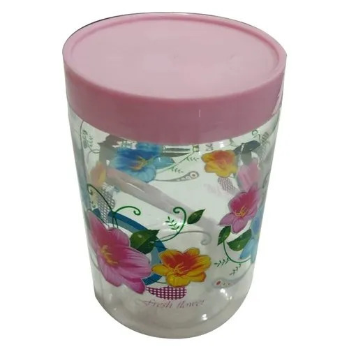 Printed Pet Jars - 1 Liter Capacity, Multicolor Floral Design, Durable PET Plastic Material, Roll-On Sealing Type, Round Shape, 20 Grams