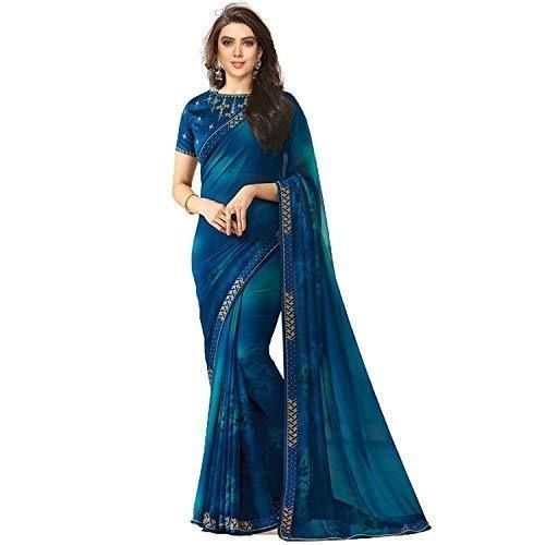 Summer Skin Friendly Casual Wear Printed Georgette Blue Designer Saree With Blouse Piece