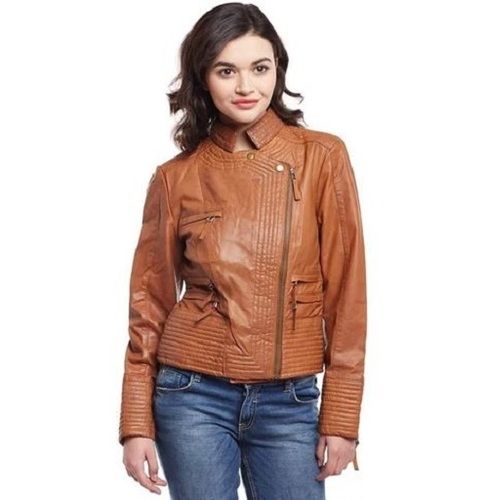 Brown Warmth And Comfort Plain Full Sleeves Zipper Leather Jacket For Ladies 