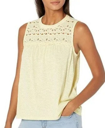 Cream Ladies Comfortable Casual Sleeveless Embroidered Rayon Viscose Top For Summer Wear