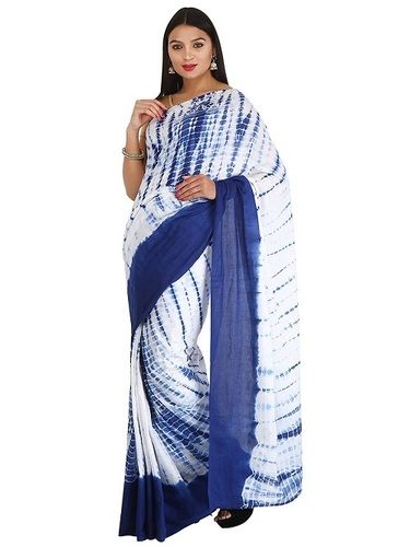 Blue And White Colour Cotton Saree With Matching Blouse Piece