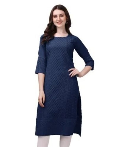 Blue Casual Wear 3/4Th Sleeve Round Neck Skin-Friendly Designer Georgette Kurti 