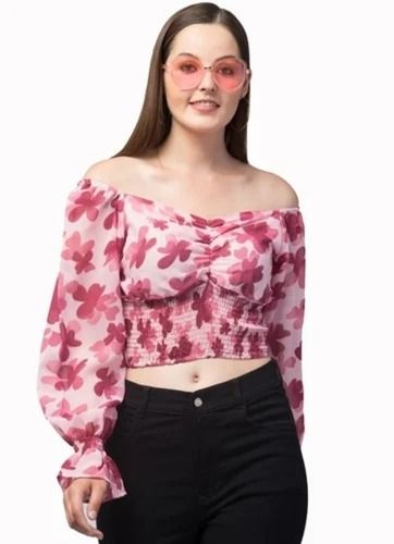 Pink Casual Wear Regular Fit Skin-Friendly Full Sleeve Printed Crepe Top For Ladies