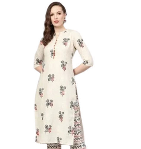 Multicolor Casual Wear Skin-Friendly 3/4Th Sleeve Cotton Painted Kurti For Ladies