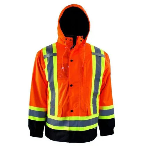 Unisex Multicolor Full Sleeves Printed Polyester Reflective Safety Jacket With Hood Size: Large