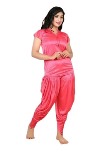 Plain Dyed Soft Skin Friendly Satin Pajama And T Shirt Night Suit For Ladies 