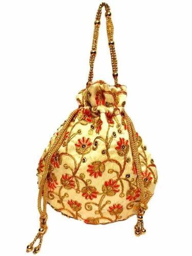 Golden 1 Kilograms Capacity Hand Washable Embroidered Satin Potli Bag