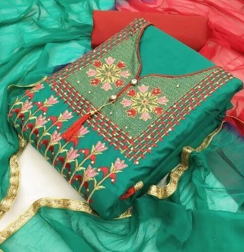 Sea Green And Red Festive Wear Embroidered Poly Cotton Unstitched Salwar Suit For Womens