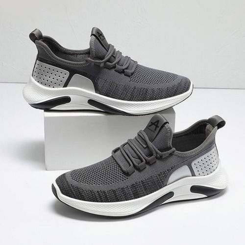 Mens Grey Canvas Mesh Lace Up Sports Shoes