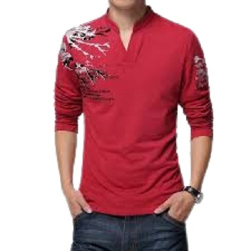 Mens Printed Red Full Sleeve V Neck Cotton T Shirts