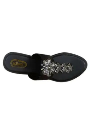 Black Party Wear Non Slip Pvc Sole Flat Slipper For Ladies