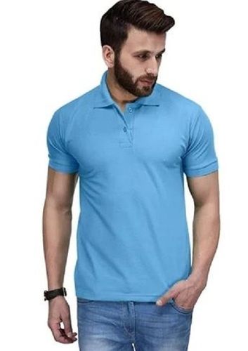 Blue Short Sleeve Plain Cotton Collard T Shirt For Mens