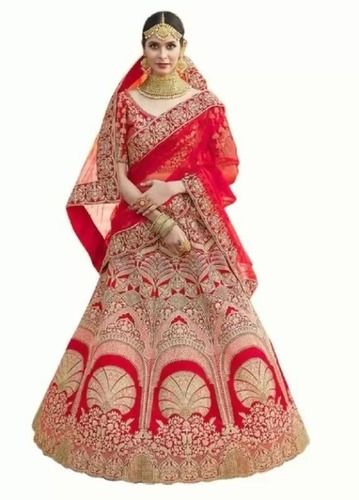 Red And White Washable Short Sleeves Embroidered Designer Lehenga