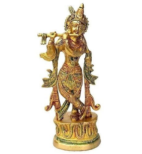 Durable 12 Inch Long Gold Polished Metal Lord Krishna Statue