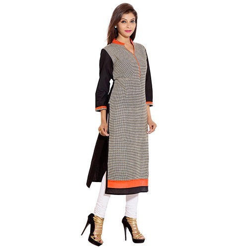Black And Orange Or Light White Casual Wear 3/4Th Sleeves Cotton Kurti For Women