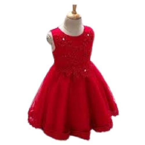 Kids Party Wear Embroidered Sleeve Less Red Frock