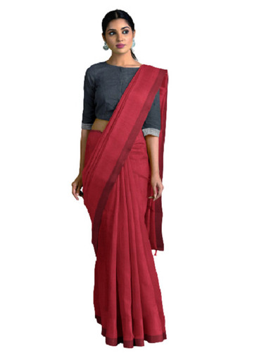 Maroon And Grey Comfortable Hypoallergenic Soft Plain Cotton Saree With Blouse Piece