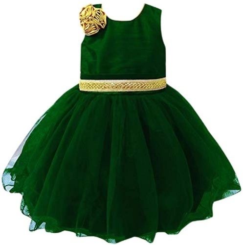 Kids Plain Sleeveless Party Wear Dark Green Chiffon Frock Age Group: 1-2