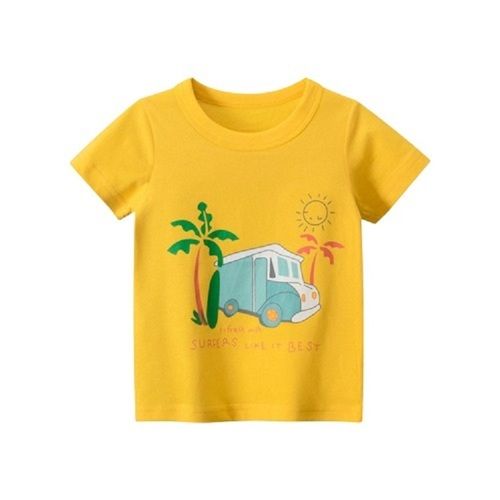 Washable Kids Printed Short Sleeve O Neck Yellow Cotton T Shirt